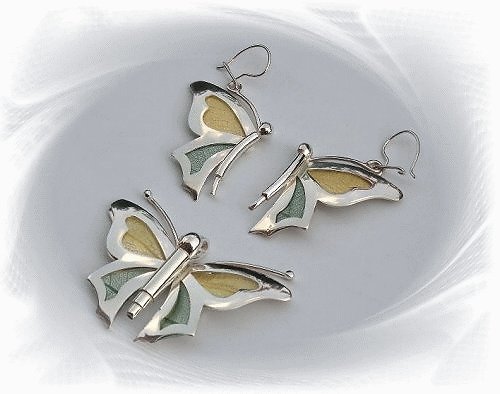 Artisian Handcrafted Designer Sterling Silver Butterfly Earrings and Pendant Set with Accent Deco