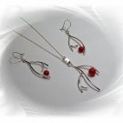 Artisian Handcrafted Designer Sterling Silver Red Coral Earrings and Pendant