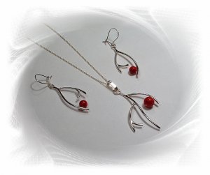 Artisian Handcrafted Designer Sterling Silver Red Coral Earrings and Pendant