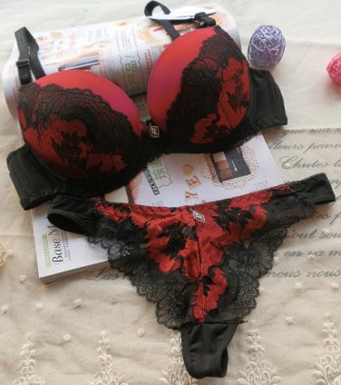 Sexy Push Up Lace Bra and Thong Sets Women Underwear Sets RED BLACK 36C