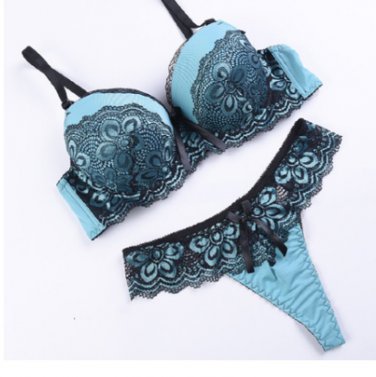 Sexy Lace Bra Sets Briefs French Romantic G String Lingerie Push up BLUE 34C