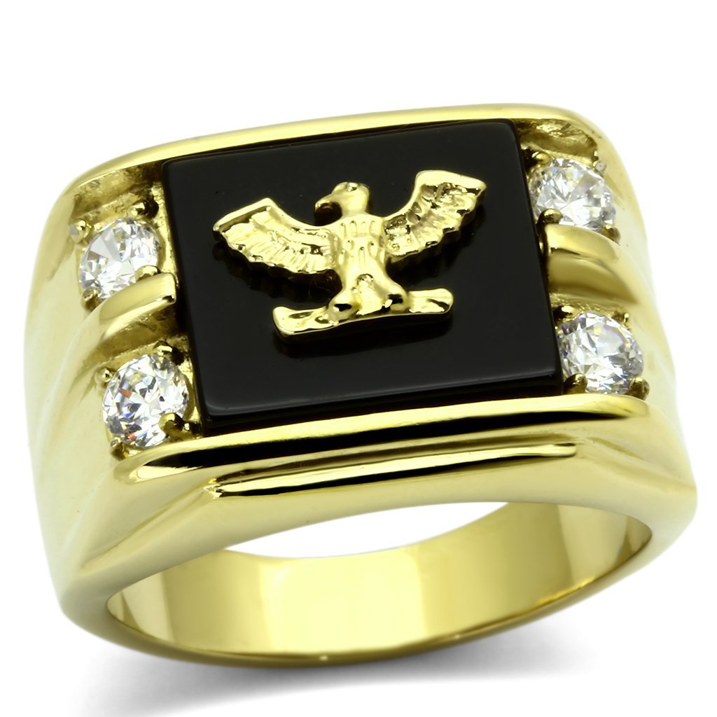 TK793 IP Gold Stainless Steel Semi-Precious Agate Jet Black Military Eagle Ring