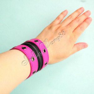 Leather Buckle Cuff Stud Belt Bracelet Wristband Pink A0510