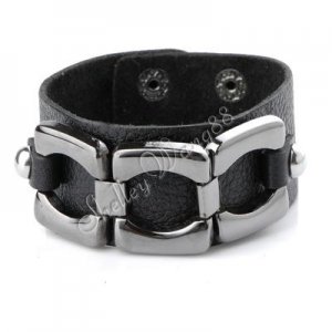 Cool Wristband Buckle Cuff Belt Leather Bracelet Black A0161