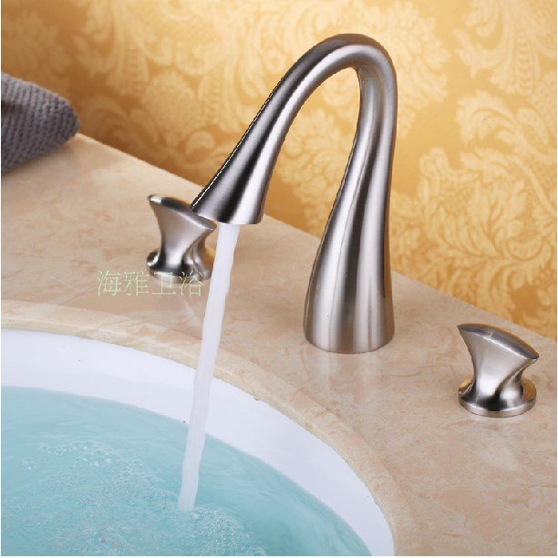 Contemporary Satin nickle Three Holes Two Handles Waterfall Bathroom Sink Faucet 2058A