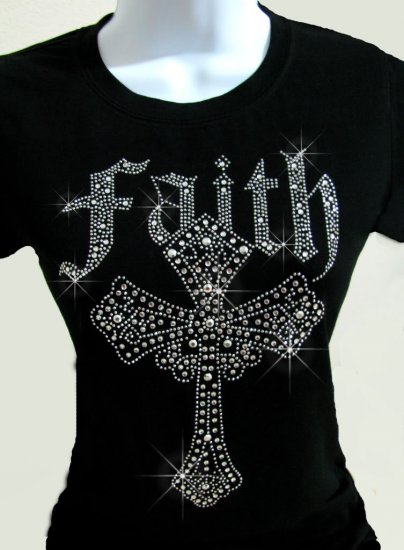 Clear Faith Cross Crystal Rhinestone Shirt