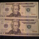 2x Twenty Dollar Star FRN Notes Gem Mint Unc NK07795163* ....62*  K11 2017 US  Low Serial Numbers