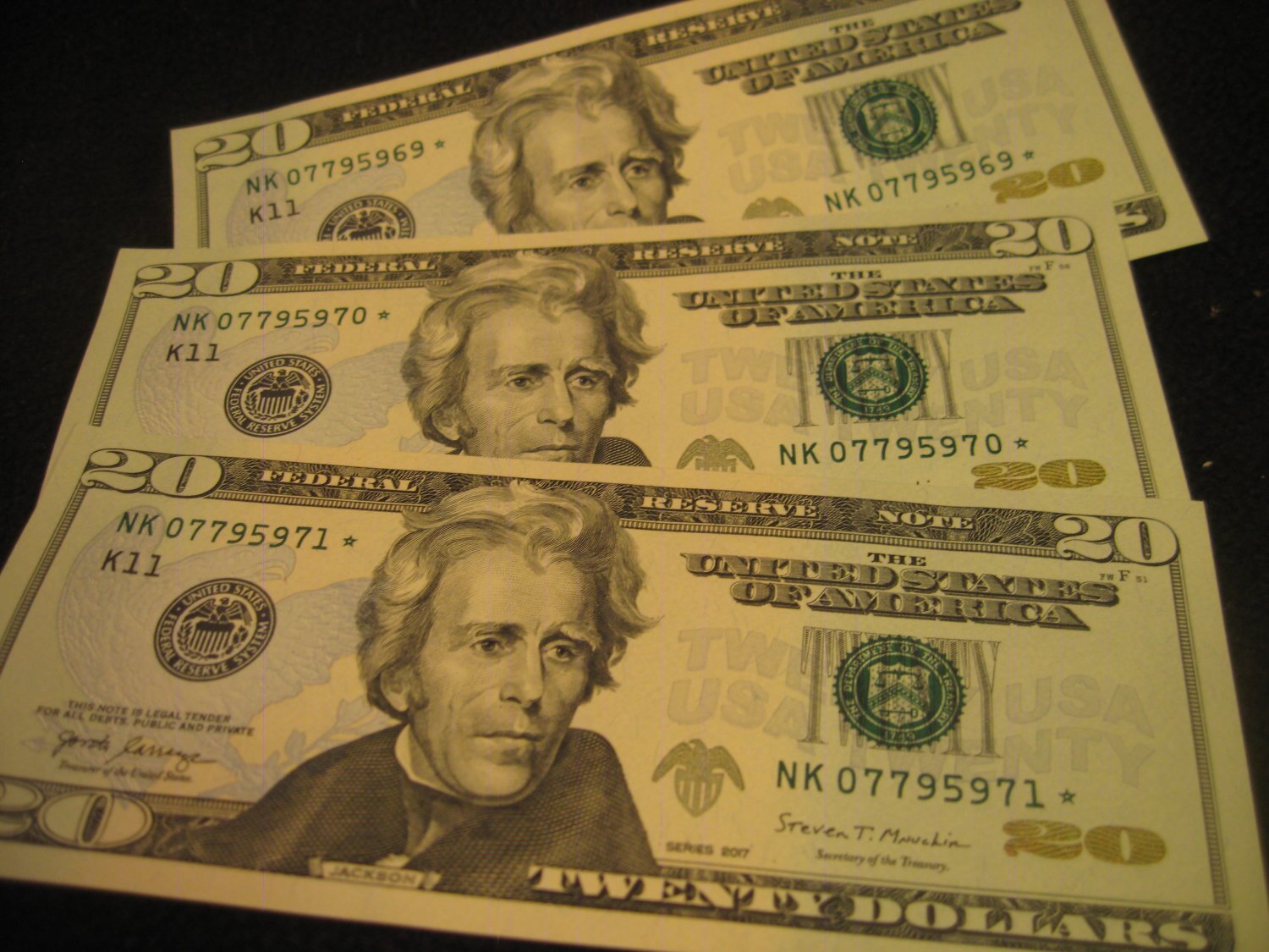 3x Star Notes rare FRN US Twenty Dollar Bills NK07795969-71* Gem UNC