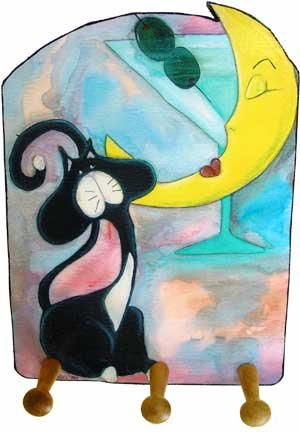 Tuxedo cat Martini cocktail drink whimsical Moonlit Martini Nights Leash key rack holder