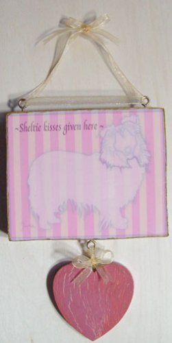 Sheltie dog kisses given here doggy silhouette wood sign pink & cream Stripes hanging heart