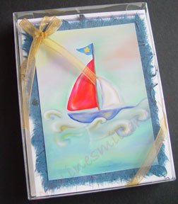 Nautical whimsical Notecards on blue handmade banana paper