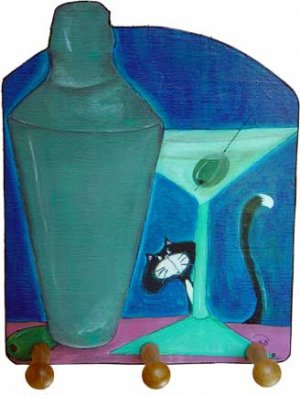 Curious Martini Kitty Leash key rack coat hanger Martini funky art tuxedo cat