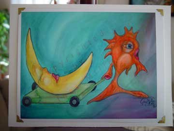 Orange fish pulling Moon Surreal - Surrealism Outsider whimsical Art Print