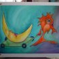Orange fish pulling Moon Surreal - Surrealism Outsider whimsical Art Print