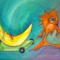 Orange fish pulling Moon Surreal - Surrealism Outsider whimsical Art Print
