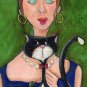 Red Headed lady tuxedo cat martini drink outsider art print
