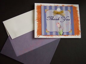 Tulip whimsical lilac stripes THANK YOU Notecards on rust handmade banana paper