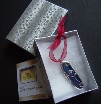 Cat's tongue design soldered pendants Blue purple splash glass ornate flower wire design