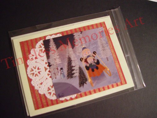 Handmade greeting card Snowman on sleigh white Christmas cards