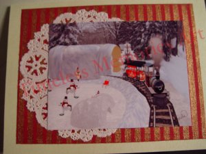 Greeting card handmade Choo-Choo Train whimsical white Christmas cards smowman skating