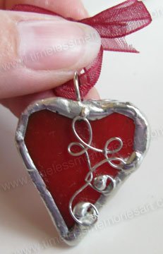 Red heart valentine soldered glass pendant handmade jewelry whimsical wearable jewelry art