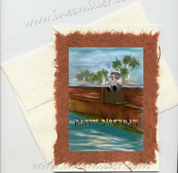 Handmade Card Fishing Teddy Bear HAPPY BIRTHDAY Collectible greeting Card Ines Miller