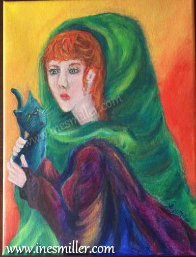 Redhead lady holding black cat Original acrylic painting