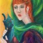Redhead lady holding black cat Original acrylic painting