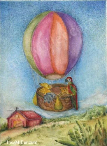 Hot Air Balloon  animal ride country farm view painting whimsical art