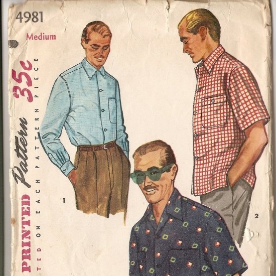 50s vintage sewing pattern mens shirt Simplicity 4981 Medium