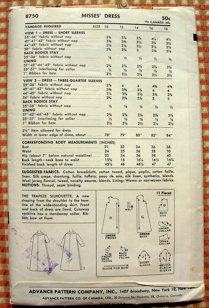 Misses 50s Trapeze Dress Vintage Sewing Pattern Advance 8750