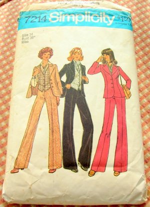 Misses Fall Menswear Vest, Pants, Shirt and Jacket Vintage 70s Pattern Simplicity 7214