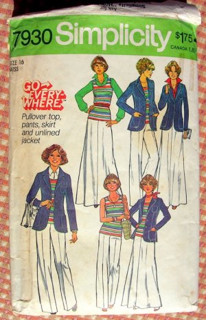 Misses' Pants, Skirt, Pullover Top and Unlined Jacket Vintage Sewing Pattern Simplicity 7930