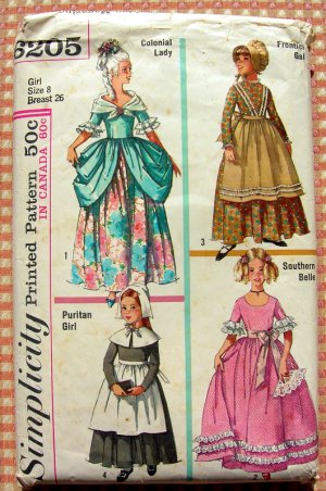 Girls' Colonial, Puritan, Southern Belle, Frontier Costumes Vintage Sewing Pattern Simplicity 6205