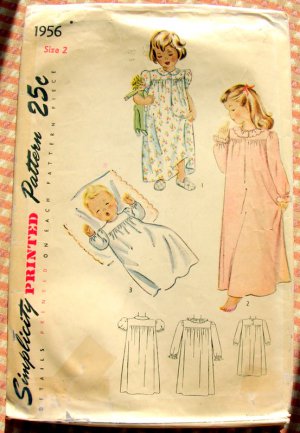 Toddler's Nightgown Vintage 40s Sewing Pattern Simplicity 1956