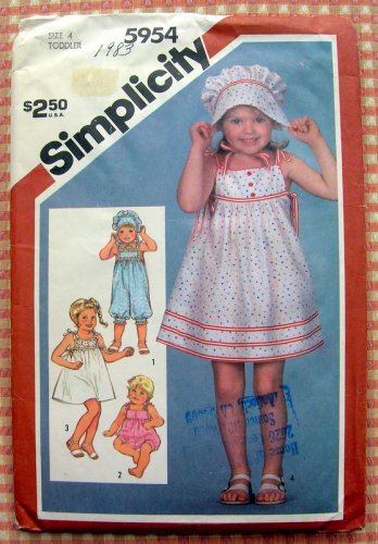 Simplicity 5954 Toddler Rompers, Pullover Dress and Hat Vintage 80s Sewing Pattern