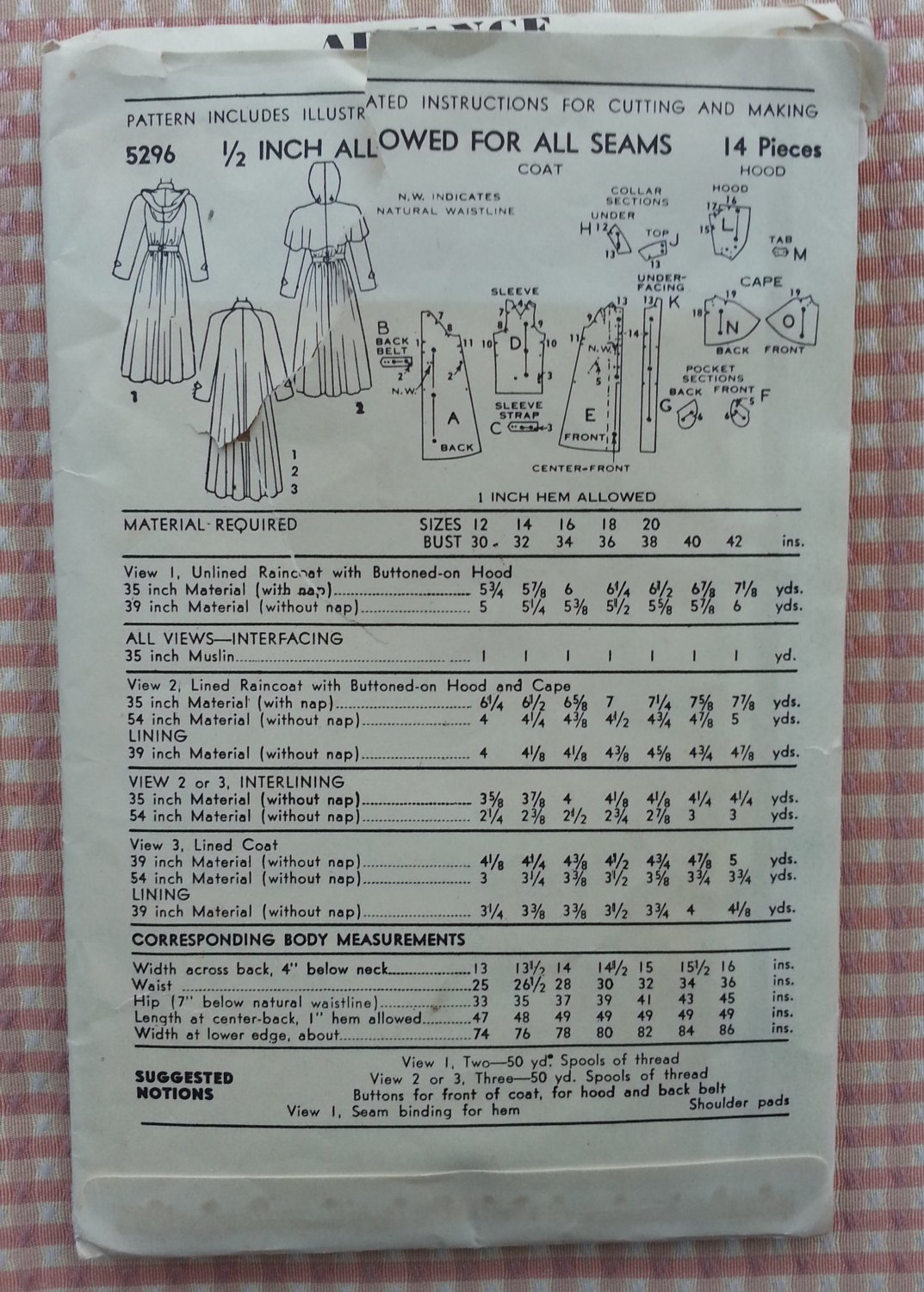 Misses Vintage 50s Coat and Raincoat Advance Sewing Pattern 5296