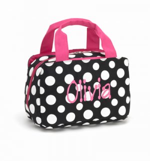 Monogrammed Black and White Polka Dot Lunch Bag
