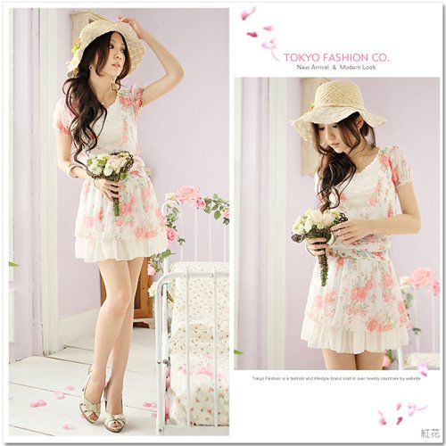 Flowers Floral Chiffon Dress/Shirt Pink XS~S