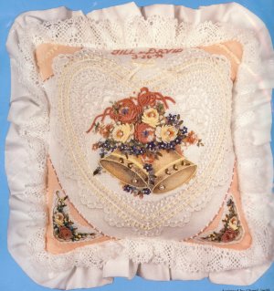 CROCHET LACE WEDDING PILLOW - embroiderey and ribbons