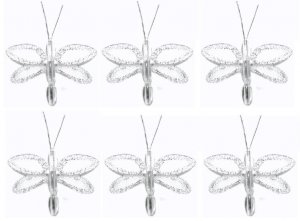 2"" White Mini Glitter Dragonfly Dragonflies 6pc set - nylon hanging ceiling wall nursery bedroom de