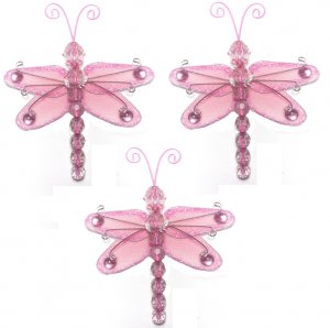 3"" Pink Mini Wire Bead Dragonfly Dragonflies 3pc set - nylon hanging ceiling wall nursery bedroom d