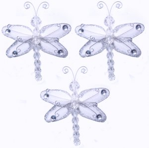 3"" White Mini Wire Bead Dragonfly Dragonflies 3pc set - nylon hanging ceiling wall nursery bedroom 
