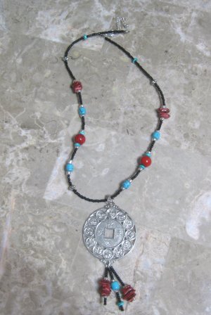 Red Turquoise black Necklace with large silver pendent