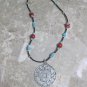 Red Turquoise black Necklace with large silver pendent