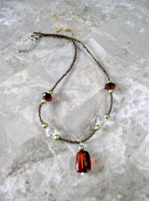 Gold, Brown & White Beaded Necklace