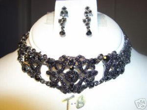 BLACK AUSTRIAN CRYSTAL NECKLACE EARRING CHOKER JEWELRY