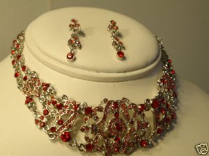 RED SILVER ART DECO CRYSTAL CHOKER NECKLACE