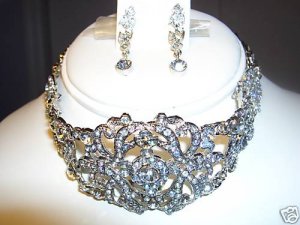 WHITE DIAMOND CRYSTAL CHOKER NECKLACE EARRING JEWELRY