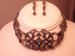 LARGE 3 INCHES EMERALD BLUE CRYSTAL CHOKER NECKLACE EARRINGS
